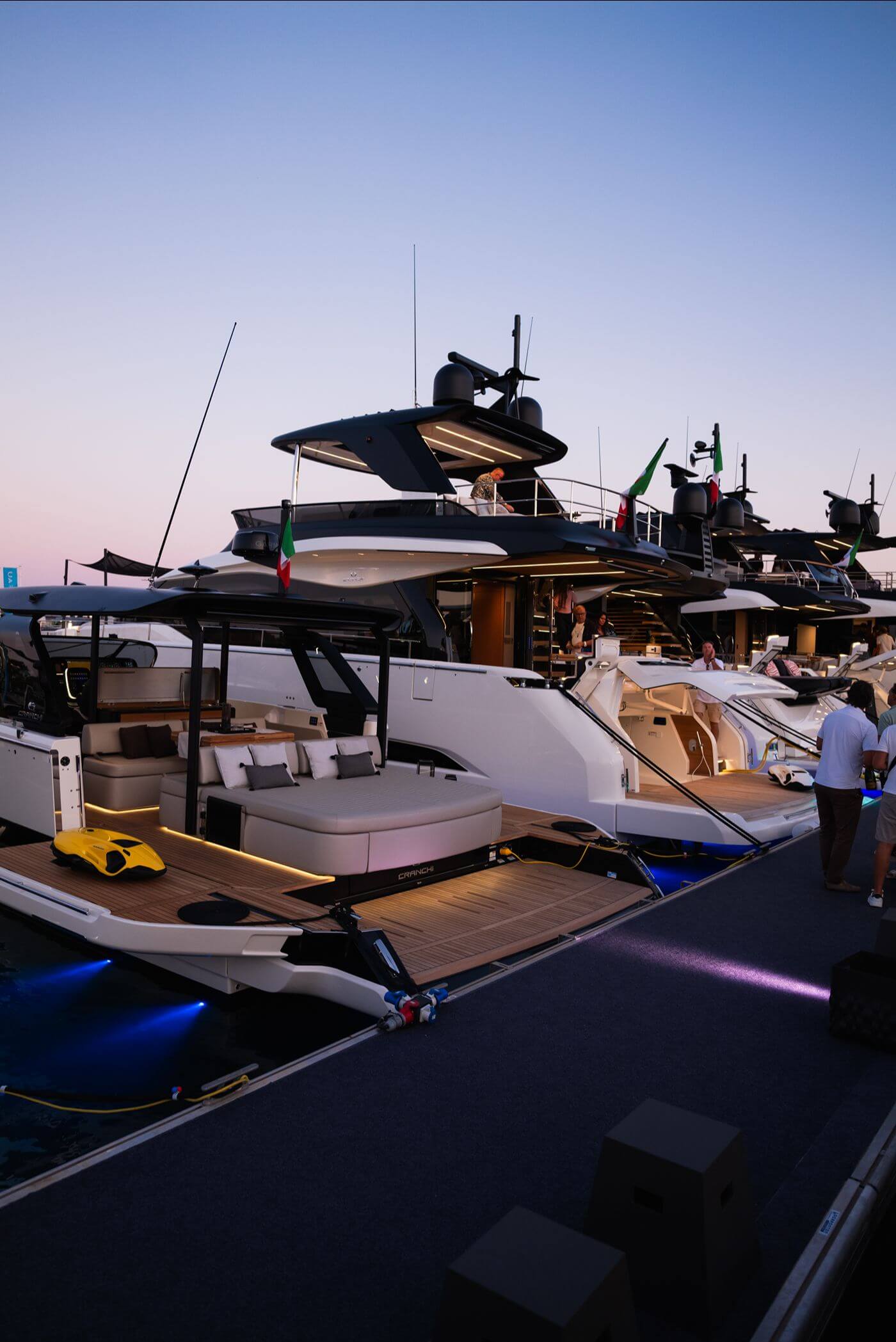 Cranchi fleet side by side on the pontoon in Cannes